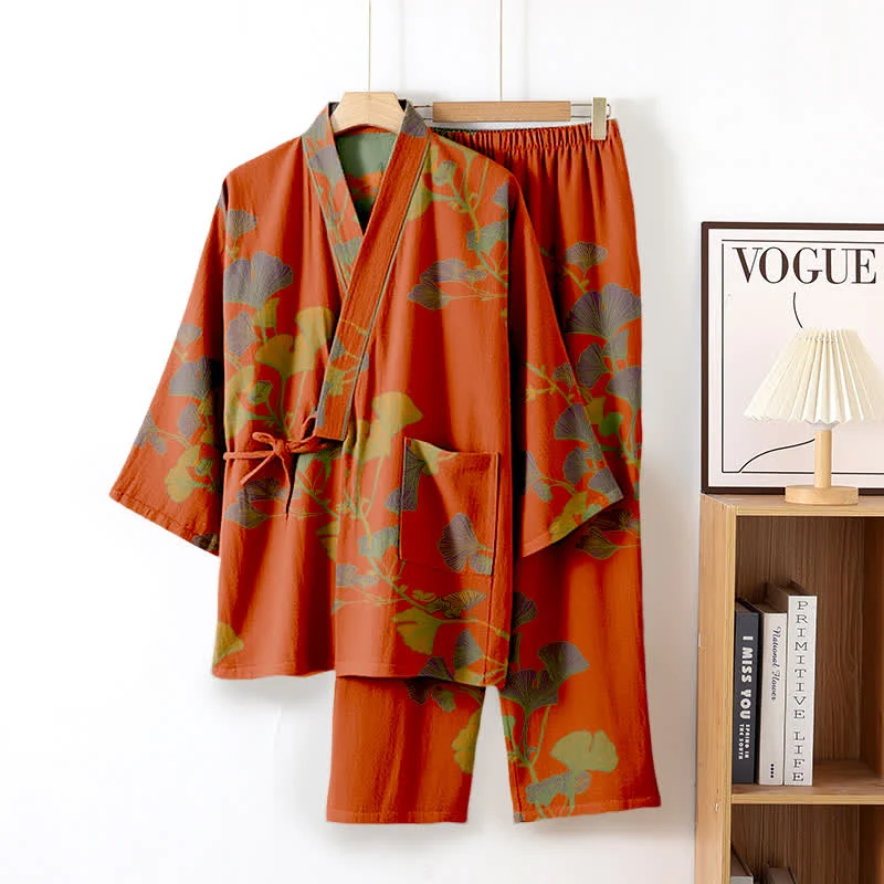 Großer Kimono-Pyjama aus Baumwolle mit Ginkgoblättern