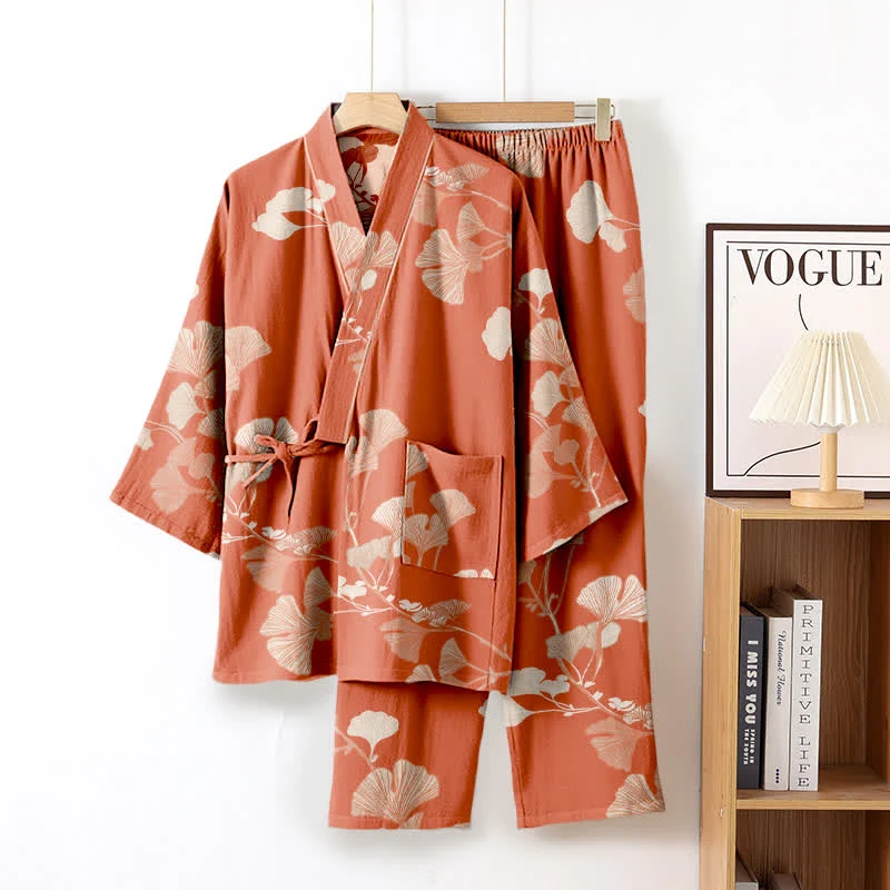 Großer Kimono-Pyjama aus Baumwolle mit Ginkgoblättern