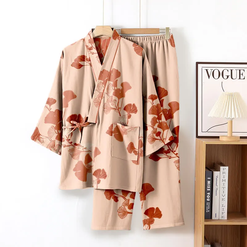 Großer Kimono-Pyjama aus Baumwolle mit Ginkgoblättern