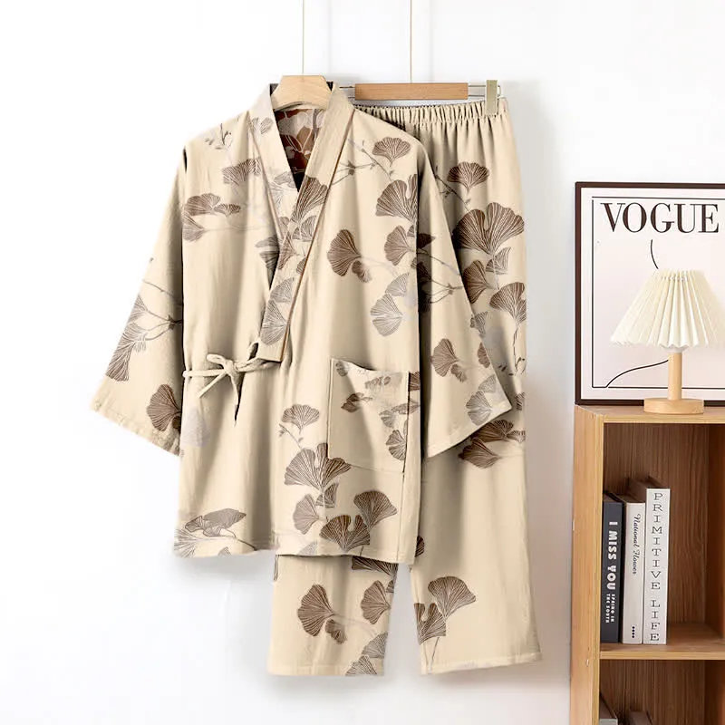 Großer Kimono-Pyjama aus Baumwolle mit Ginkgoblättern
