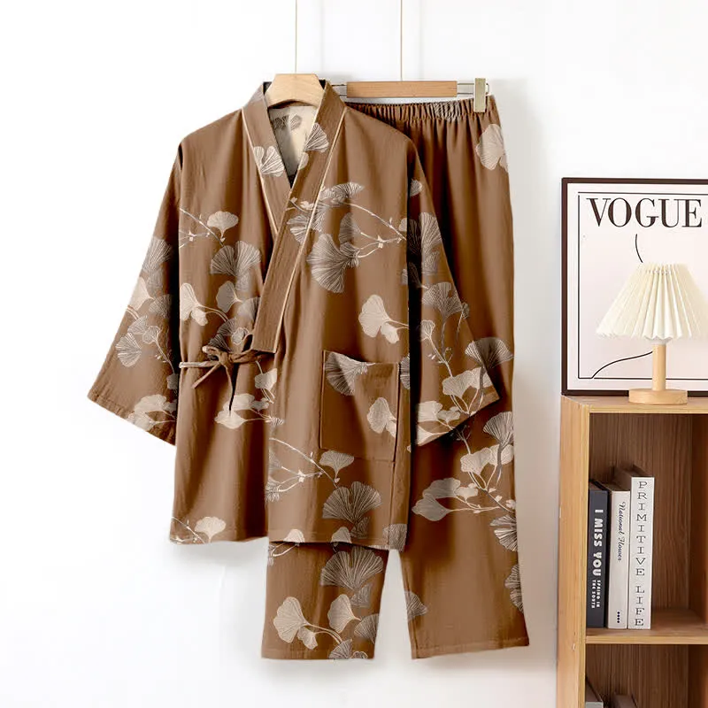 Großer Kimono-Pyjama aus Baumwolle mit Ginkgoblättern