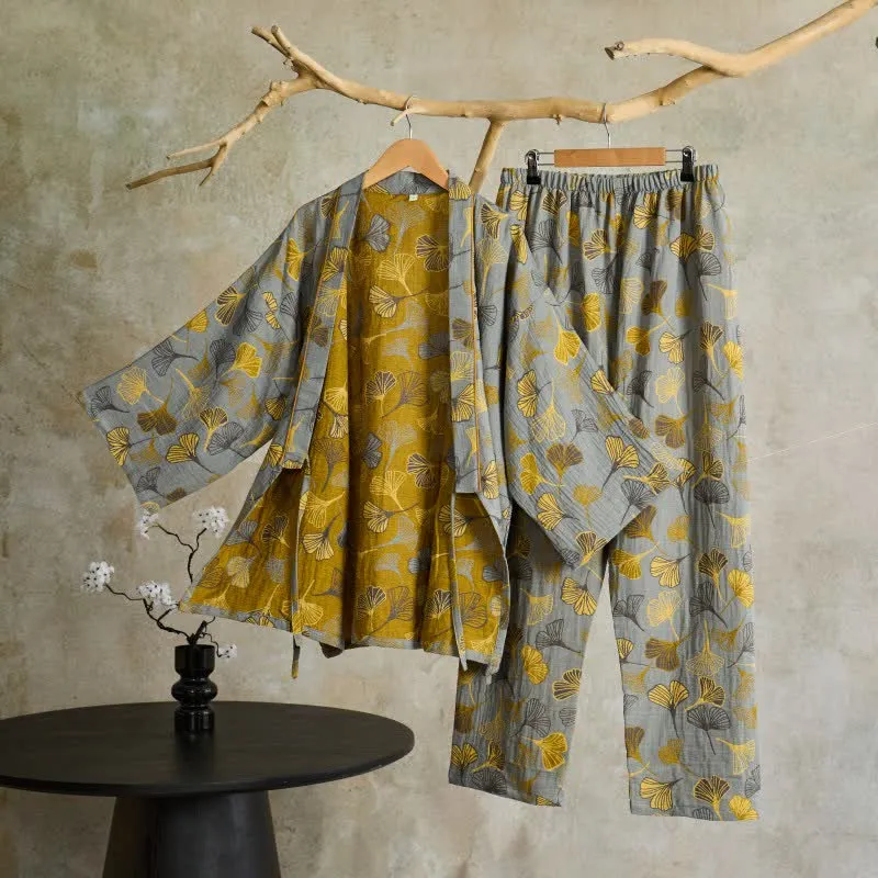Kimono-Loungewear-Set aus Ginkgo-Baumwollgaze