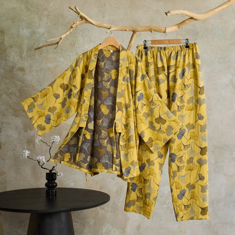 Kimono-Loungewear-Set aus Ginkgo-Baumwollgaze