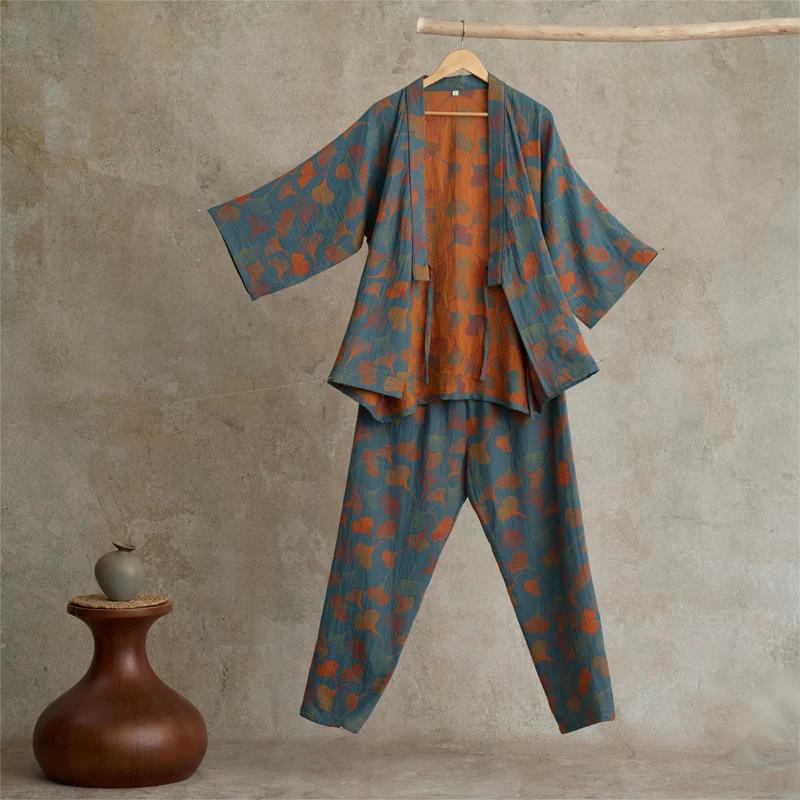 Kimono-Loungewear-Set aus Ginkgo-Baumwollgaze