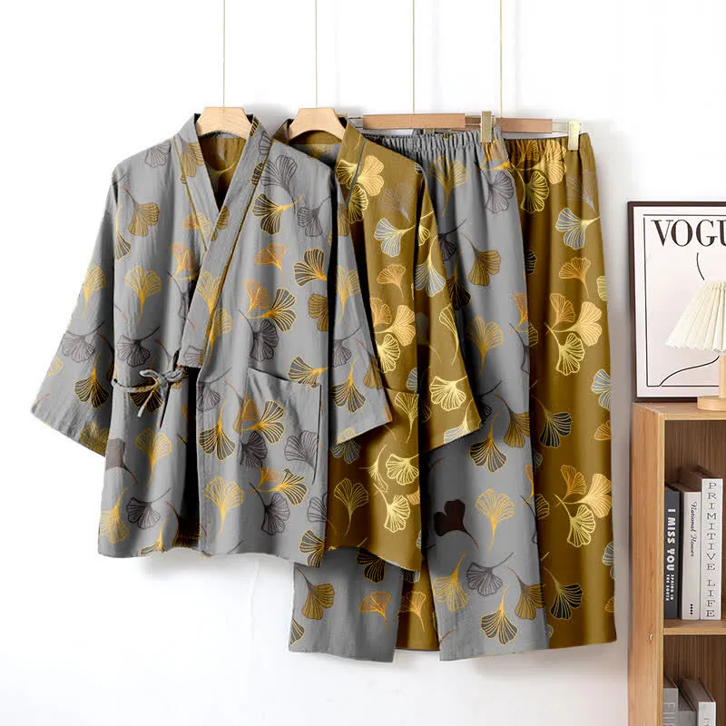 Kimono-Loungewear-Set aus Ginkgo-Baumwollgaze