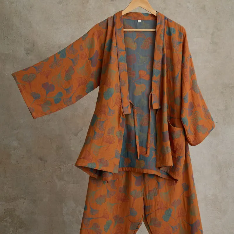 Kimono-Loungewear-Set aus Ginkgo-Baumwollgaze