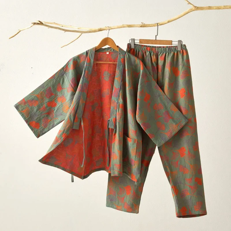 Kimono-Loungewear-Set aus Ginkgo-Baumwollgaze