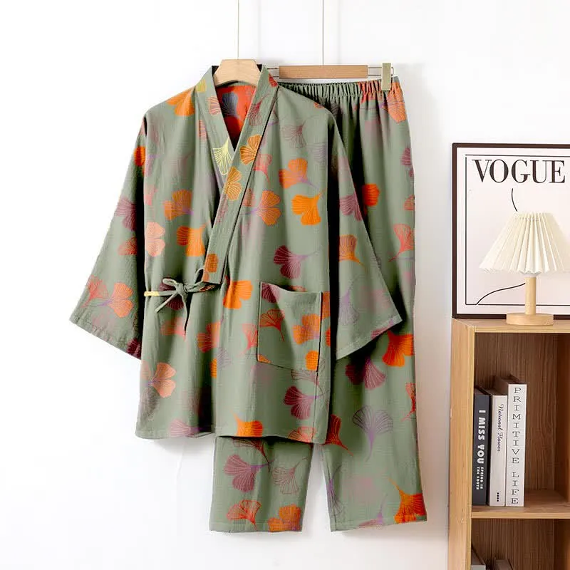 Kimono-Loungewear-Set aus Ginkgo-Baumwollgaze