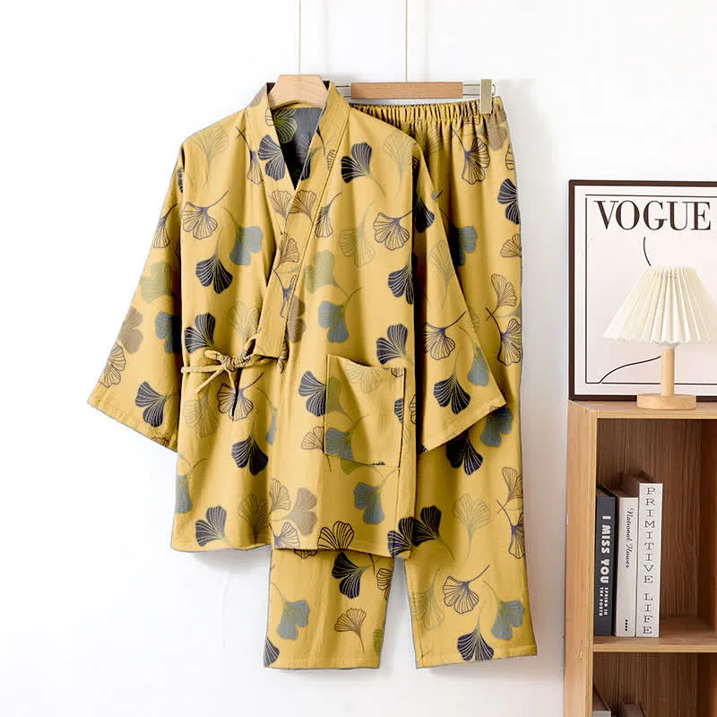 Kimono-Loungewear-Set aus Ginkgo-Baumwollgaze
