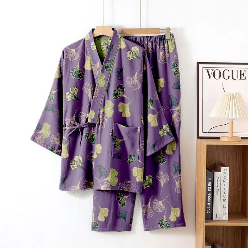Kimono-Loungewear-Set aus Ginkgo-Baumwollgaze