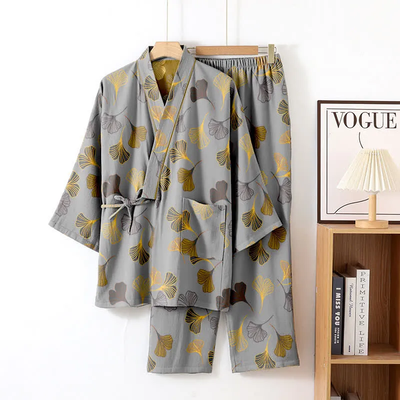 Kimono-Loungewear-Set aus Ginkgo-Baumwollgaze