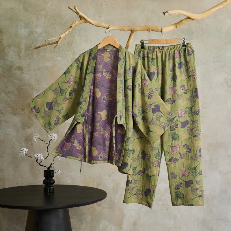 Kimono-Loungewear-Set aus Ginkgo-Baumwollgaze