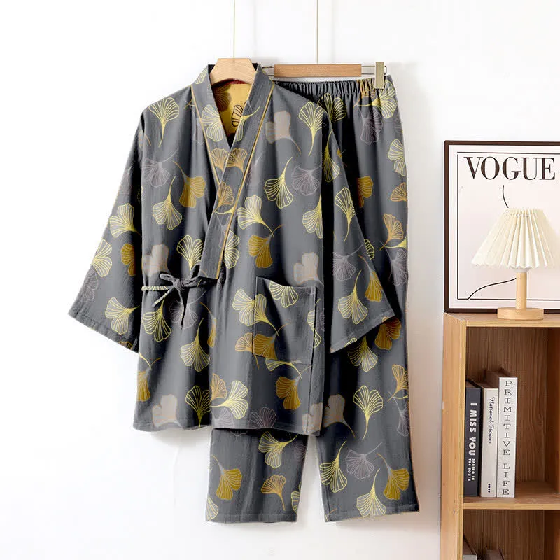 Kimono-Loungewear-Set aus Ginkgo-Baumwollgaze