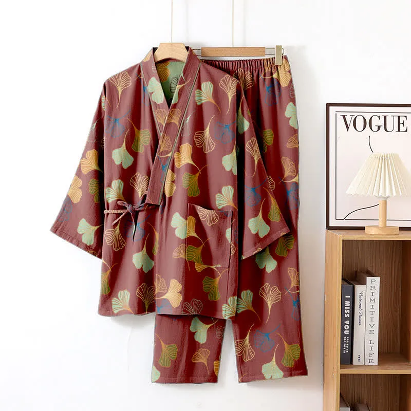 Kimono-Loungewear-Set aus Ginkgo-Baumwollgaze