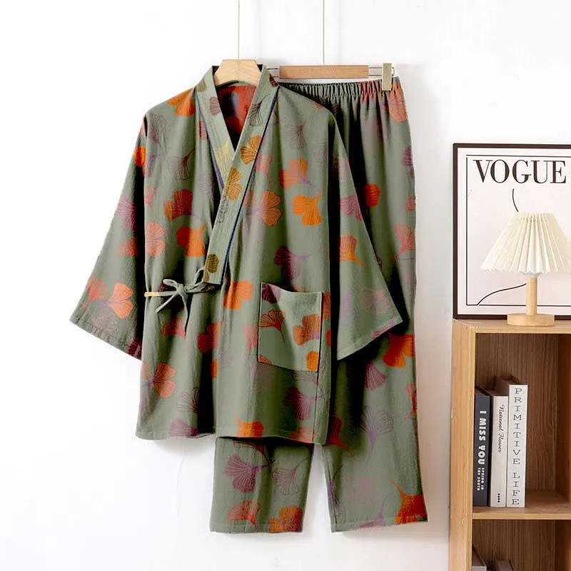 Kimono-Loungewear-Set aus Ginkgo-Baumwollgaze