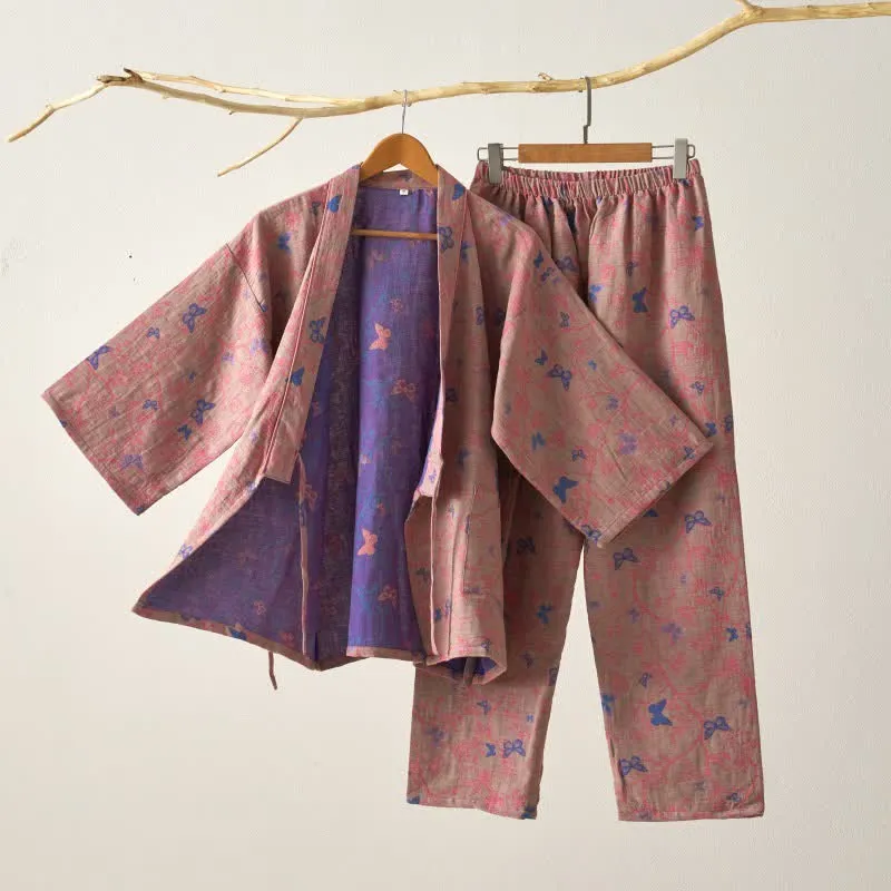 Loungewear-Set aus Baumwollgaze-Kimono mit Schmetterlingsmotiv
