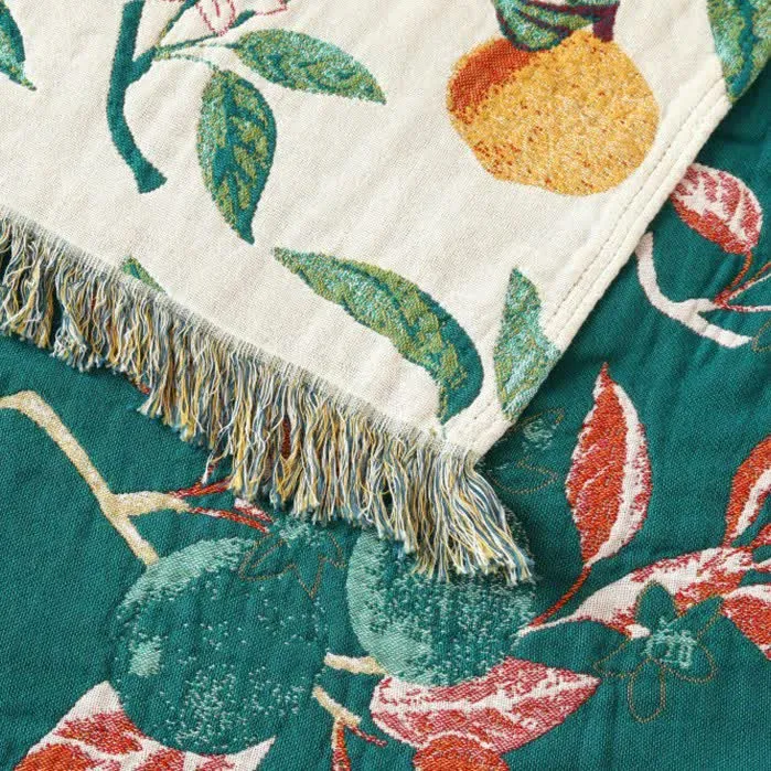 Sofadecke aus Baumwollgaze mit Quasten und Zitronendruck