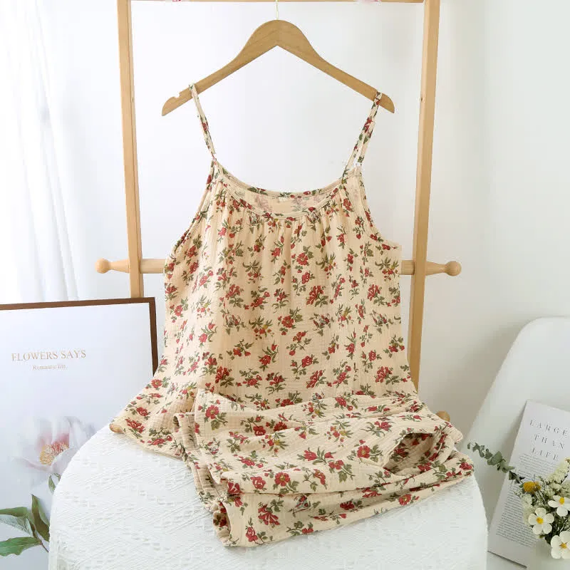 Roter Camisole-Pyjama aus Baumwollgaze mit Blumenmuster