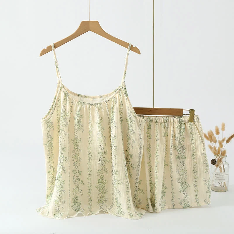 Grüner Camisole-Pyjama aus Baumwolle mit Blumenmuster und Streifen