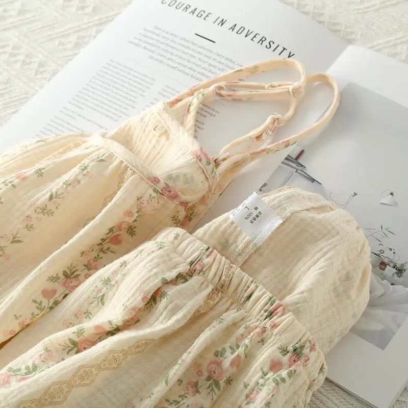 Camisole-Pyjama aus Baumwollgaze mit Blumenmuster und Streifen