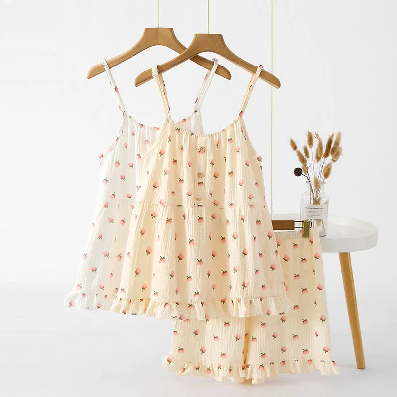 Pyjama mit Rüschen aus Baumwollgaze mit Kapok-Blumen