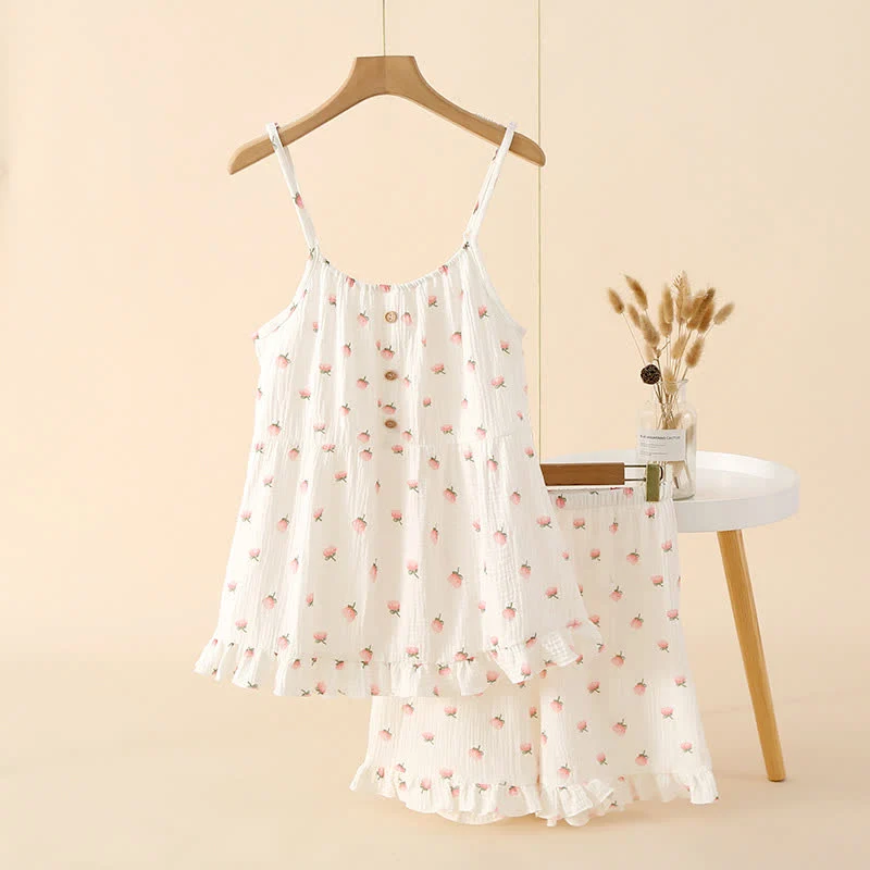 Pyjama mit Rüschen aus Baumwollgaze mit Kapok-Blumen
