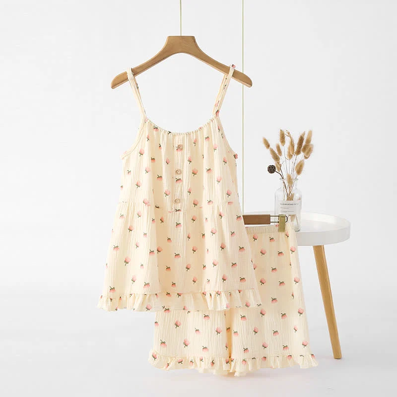 Pyjama mit Rüschen aus Baumwollgaze mit Kapok-Blumen