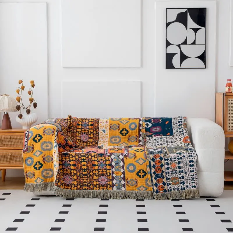 Boho Art Patchwork-Steppdecke aus Baumwolle mit Wendbarkeit und Quasten