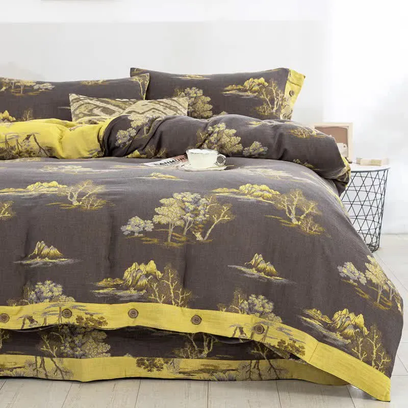 Bettwäscheset aus Baumwollgaze-Jacquard mit Landschaftsdruck (4-teilig)