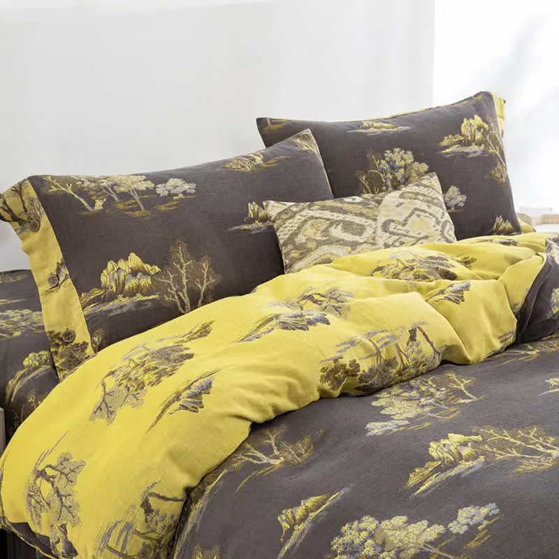 Bettwäscheset aus Baumwollgaze-Jacquard mit Landschaftsdruck (4-teilig)