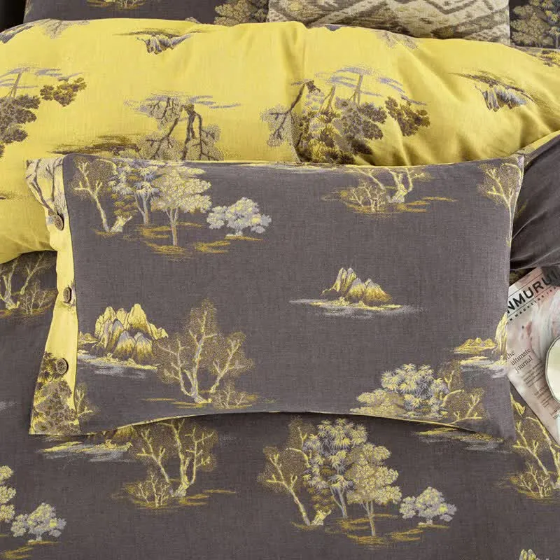 Bettwäscheset aus Baumwollgaze-Jacquard mit Landschaftsdruck (4-teilig)
