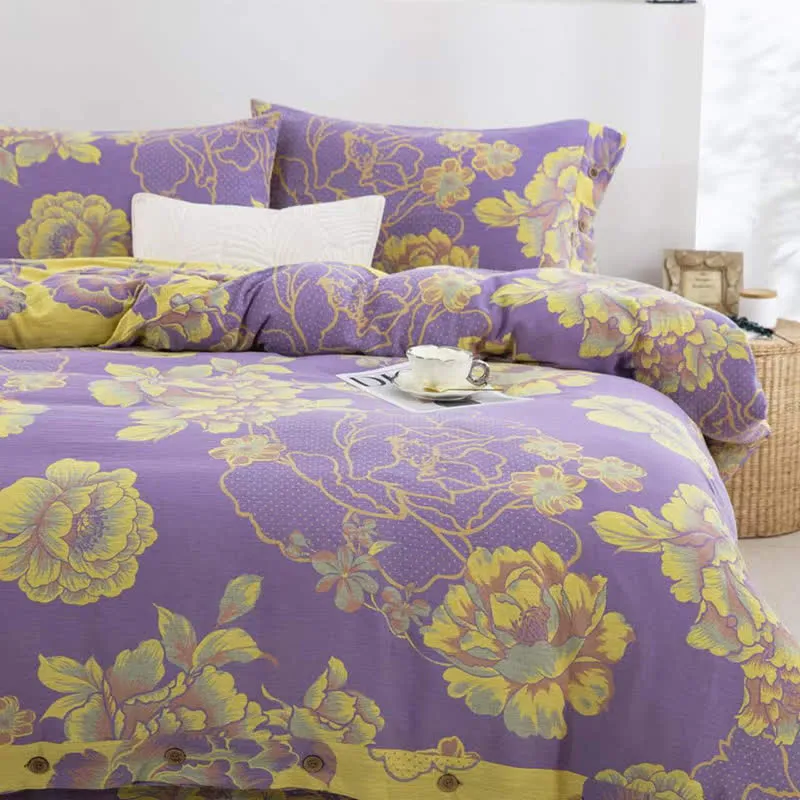 Bettwäscheset aus Baumwollgaze-Jacquard mit Pfingstrosenmotiv (4-teilig)