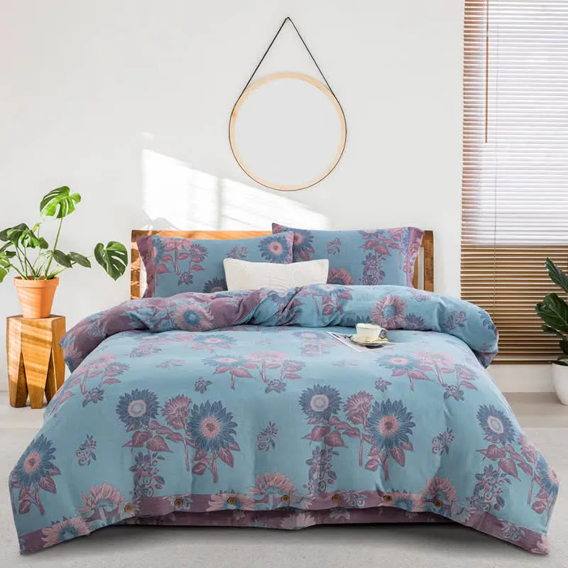 Sonnenblumen-Bettwäscheset aus Baumwollgaze-Jacquard (4-teilig)