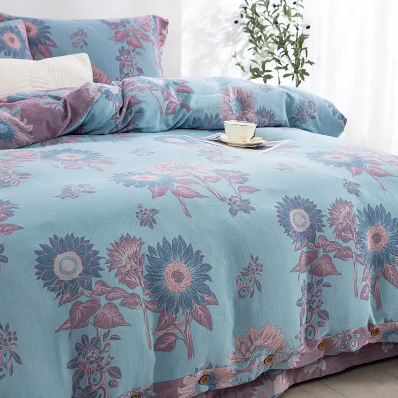 Sonnenblumen-Bettwäscheset aus Baumwollgaze-Jacquard (4-teilig)