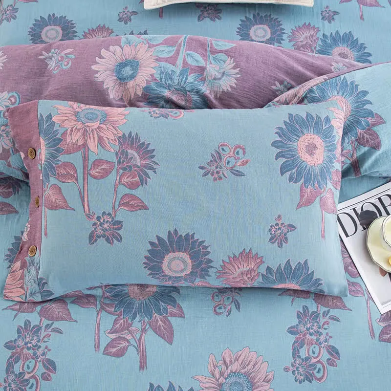 Sonnenblumen-Bettwäscheset aus Baumwollgaze-Jacquard (4-teilig)