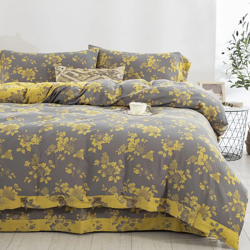 Rustikales Jacquard-Bettwäscheset aus Baumwollgaze mit Blumenmuster (4-teilig)