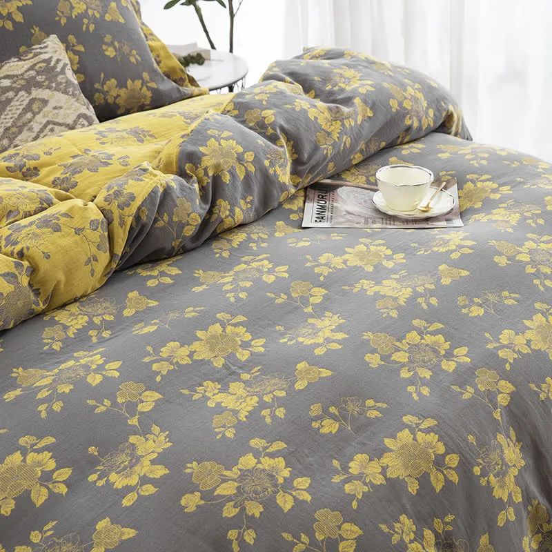 Rustikales Jacquard-Bettwäscheset aus Baumwollgaze mit Blumenmuster (4-teilig)