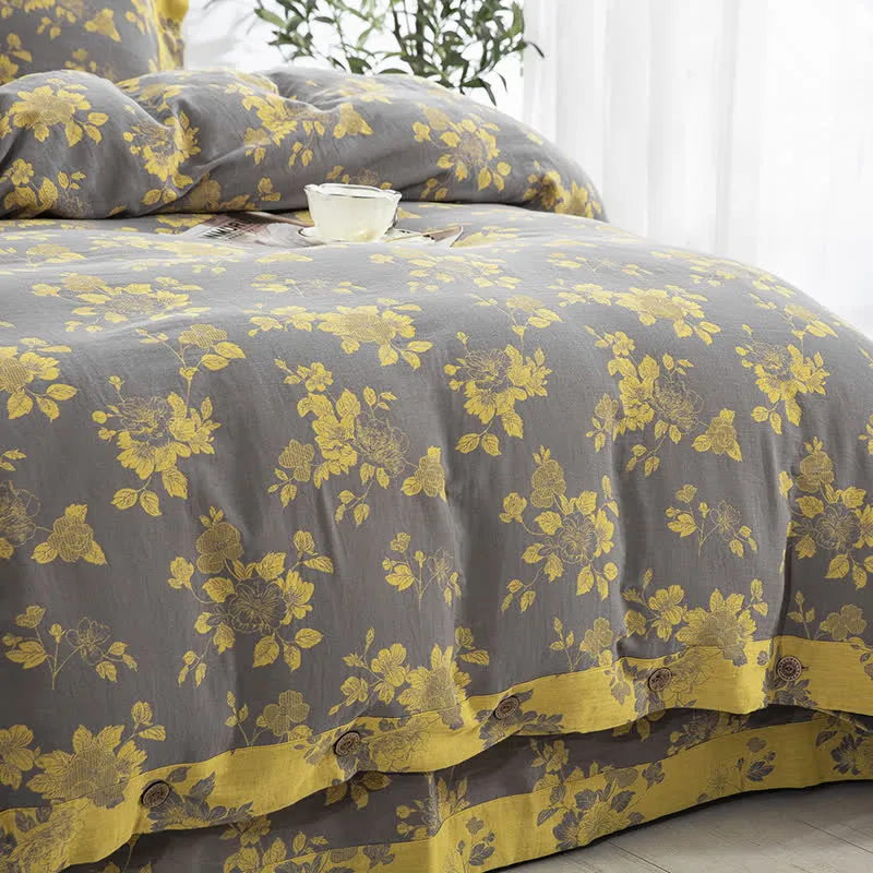 Rustikales Jacquard-Bettwäscheset aus Baumwollgaze mit Blumenmuster (4-teilig)