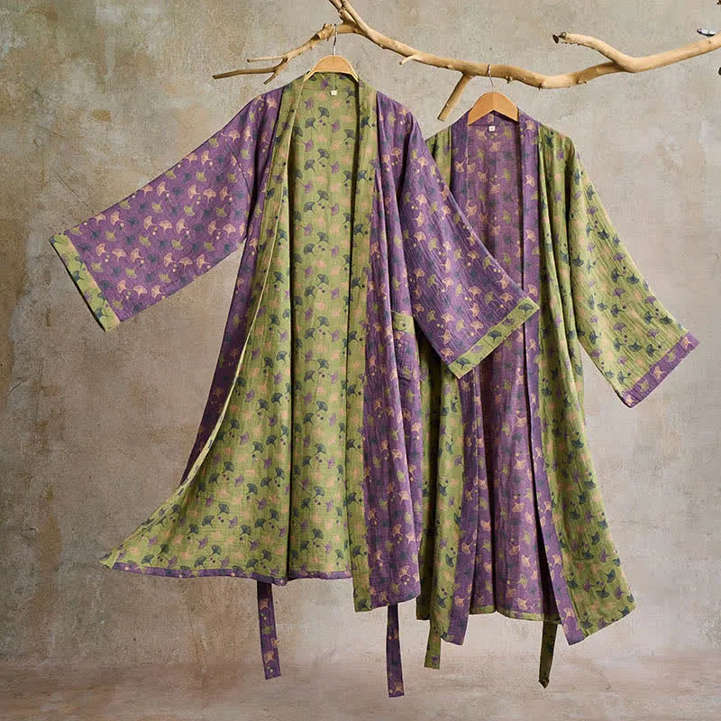 Zweifarbiger Kimono-Bademantel aus Ginkgo-Baumwollgaze