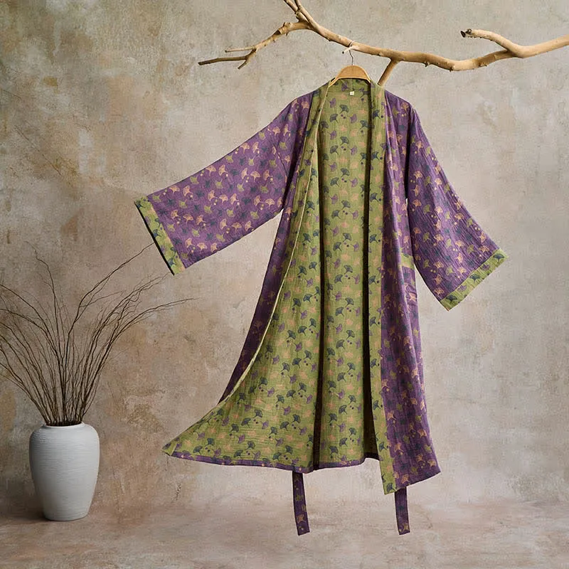 Zweifarbiger Kimono-Bademantel aus Ginkgo-Baumwollgaze