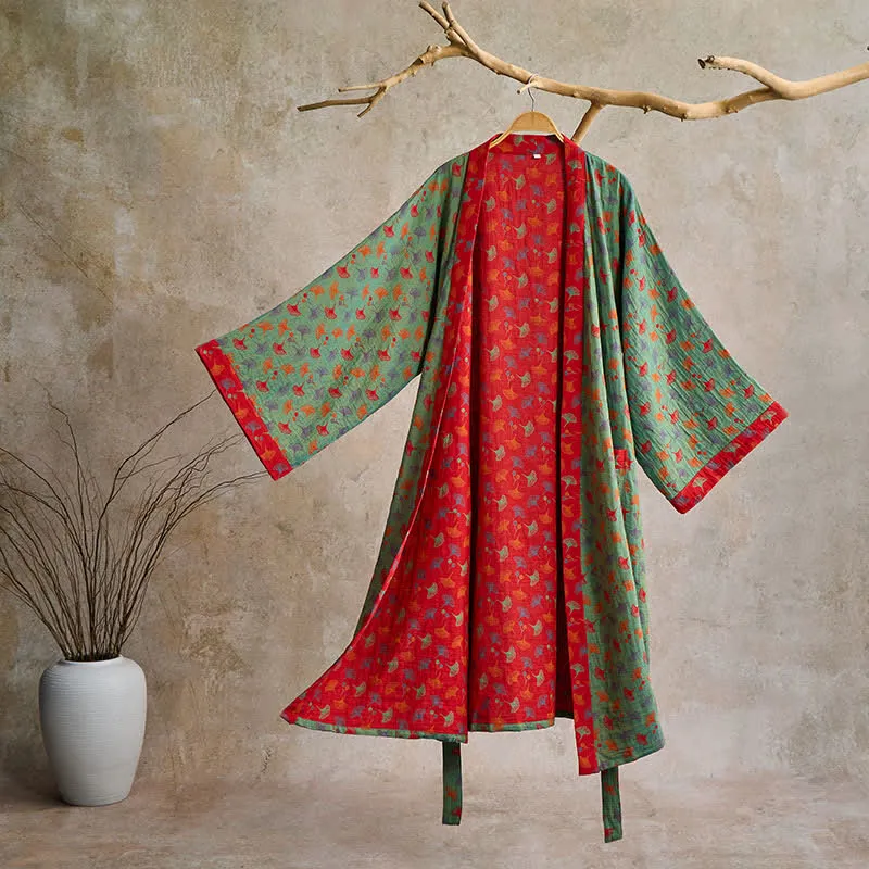 Zweifarbiger Kimono-Bademantel aus Ginkgo-Baumwollgaze