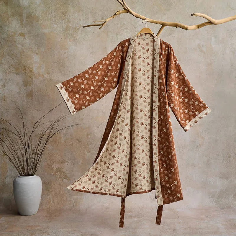 Zweifarbiger Kimono-Bademantel aus Ginkgo-Baumwollgaze