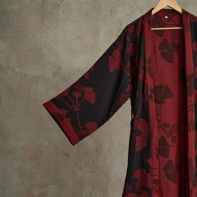 Großer Kimono-Bademantel aus Baumwolle mit Ginkgoblättern