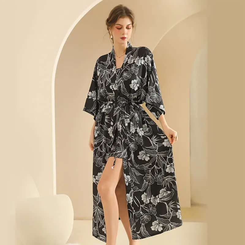 Schwarzes Hibiskus-Kimono-Bademantel-Set