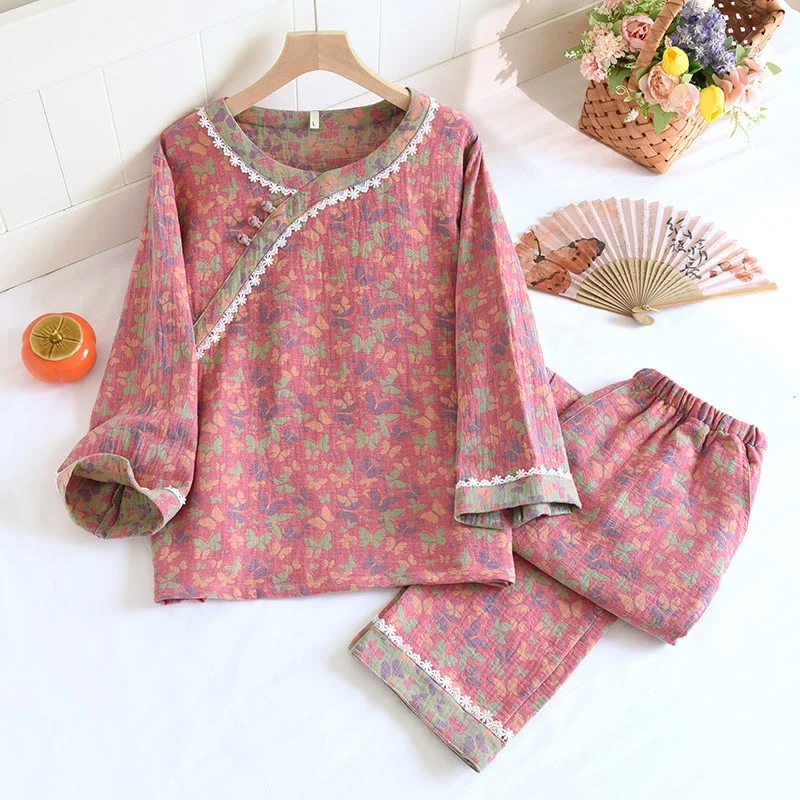 Pyjama-Set mit Schmetterlingsmotiv und Baumwollgaze-Jacquardmuster