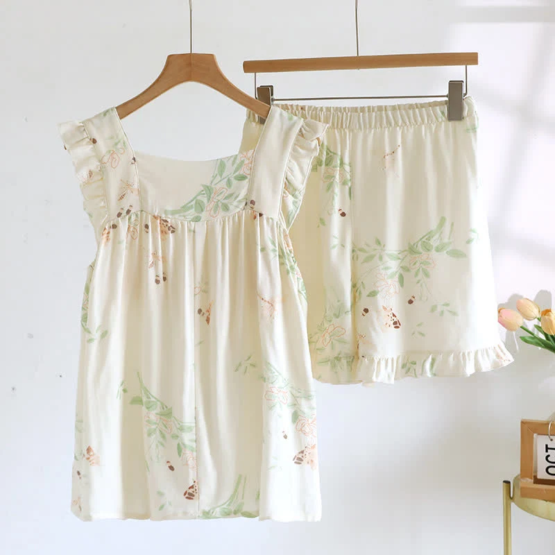 Gepolstertes Loungewear-Set mit Blumen- und Schmetterlings-Rüschen