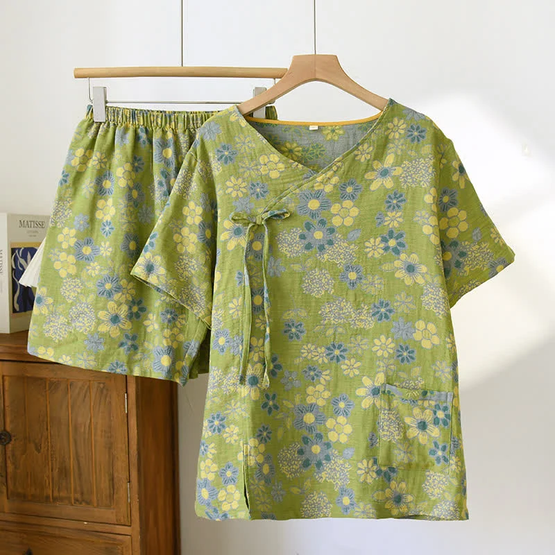 Rustikales Pyjama-Set aus Baumwollgaze mit V-Ausschnitt und Blumenmuster