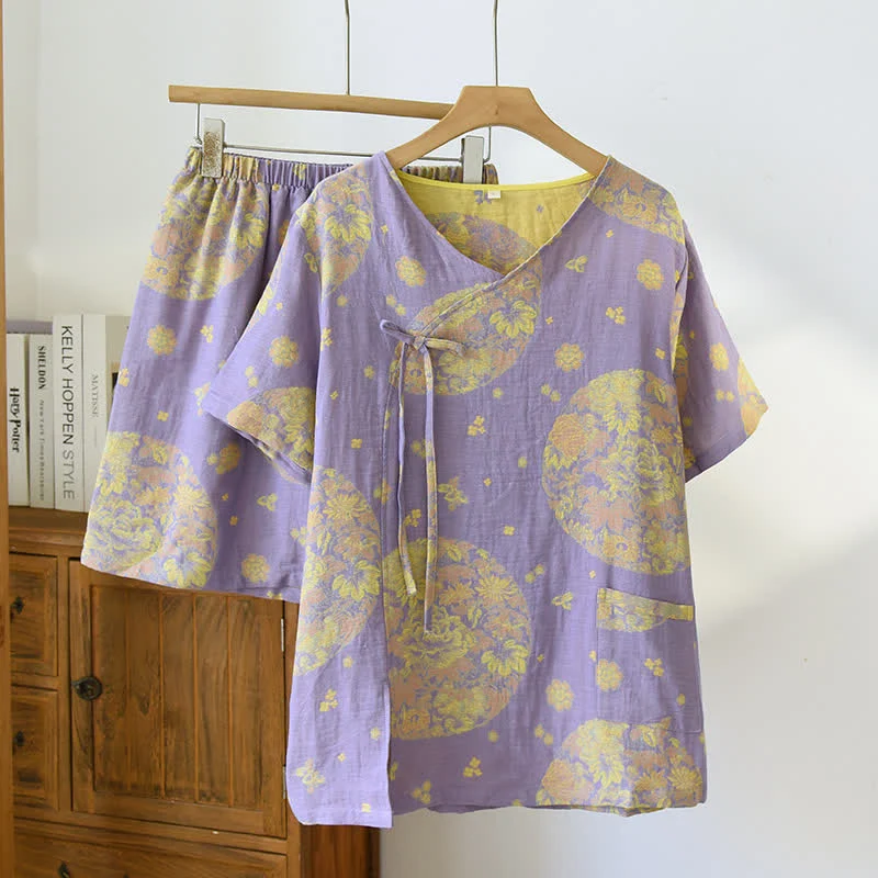 Pyjama-Set aus Baumwollgaze mit V-Ausschnitt und Vintage Blossom
