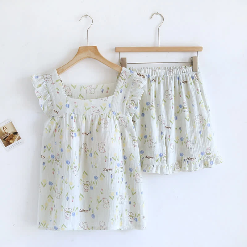 Loungewear-Set mit geblümtem Kaninchen-Print und Flatterärmeln