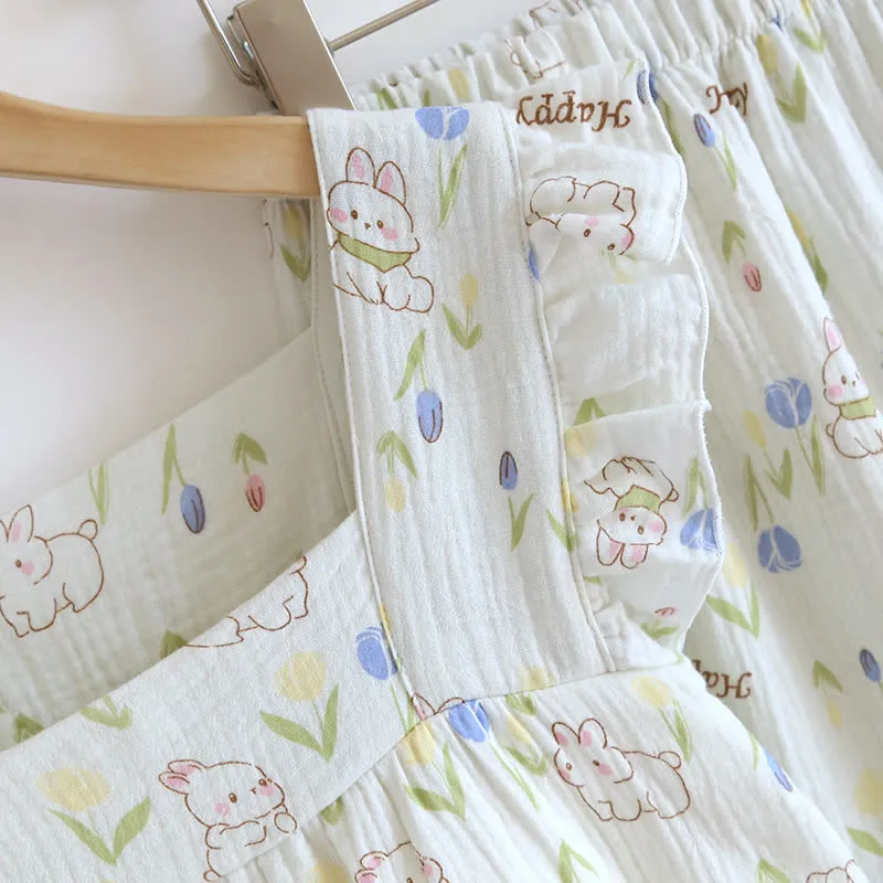 Loungewear-Set mit geblümtem Kaninchen-Print und Flatterärmeln